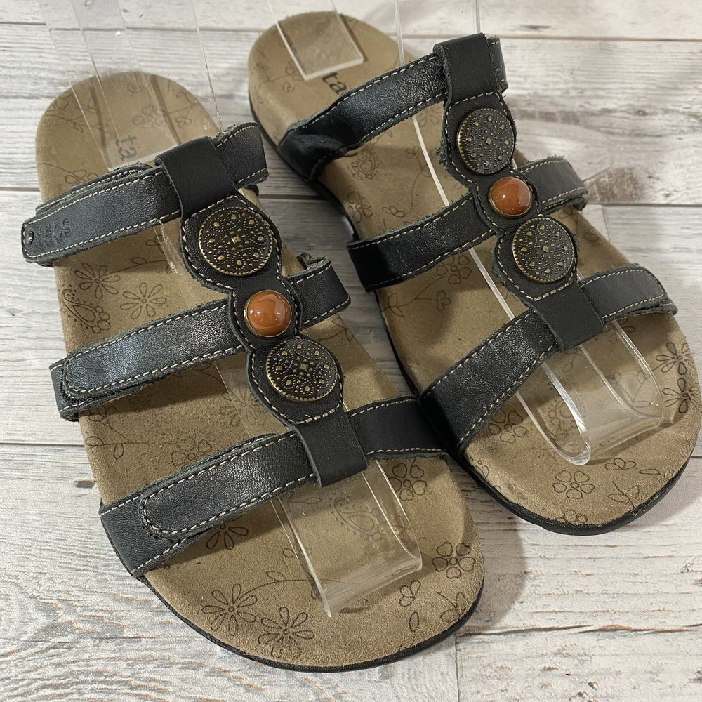 Taos Sandals Womens 6 Brown Triple Strap Hook Loop Medallions Strappy Adjustable